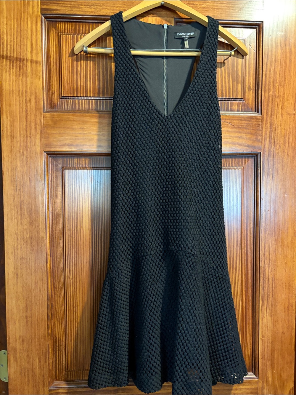 David Lerner Sleeveless Mini Black Waffle Knit Dress with Flared Ruffle sz S